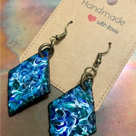 NEW-Handmade Abstract Leather Painted Earrings - Picture 2 of 2